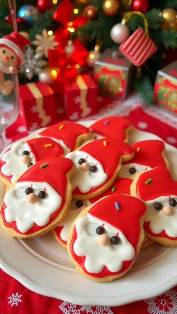 Christmas Aesthetic Santa Cookies Recipe Decorated Santa cookies on a festive plate with Christmas decorations.
